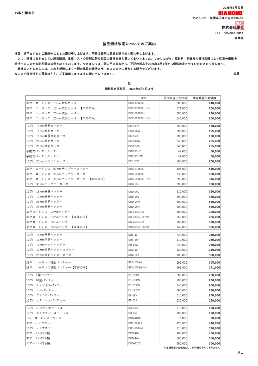 2025年6月より製品価格改定