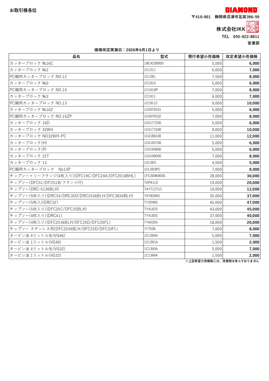 2026年6月価格会のお知らせ（別紙）